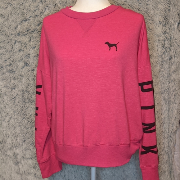 PINK Victoria's Secret Tops - PINK Victoria's Secret ☆ MD Cold Shoulder Pink/Black Writing Long Sleeve Shirt